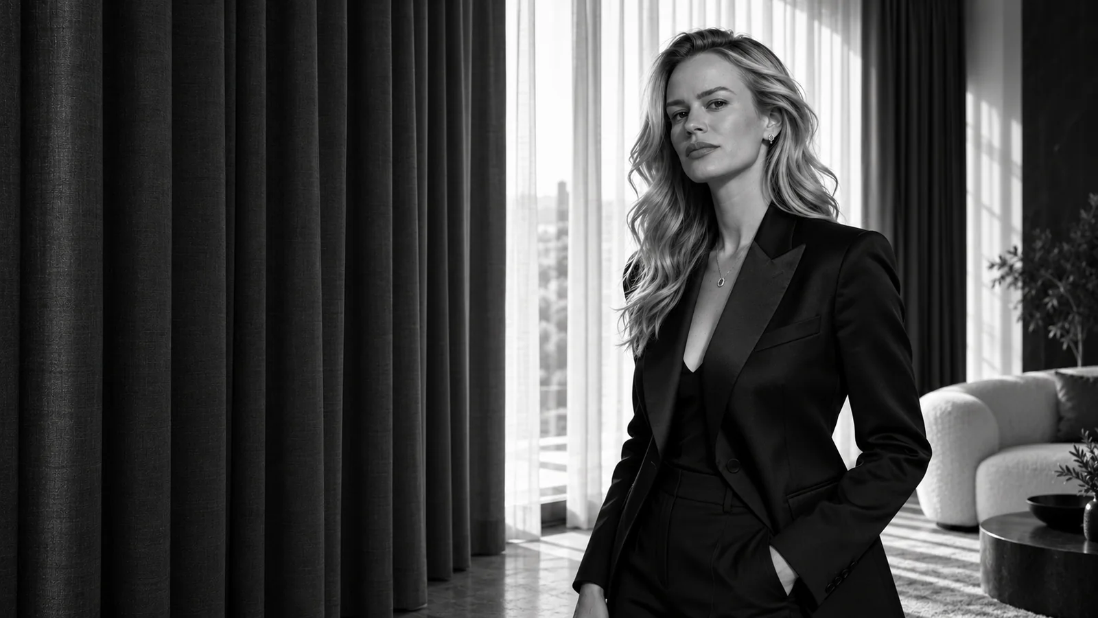 Josi em composição editorial em preto e branco com cortinas de tecido