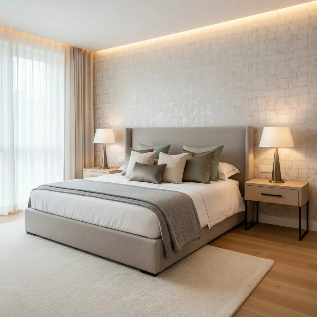 Composição de quarto com parede de desenho geométrico claro atrás da cama