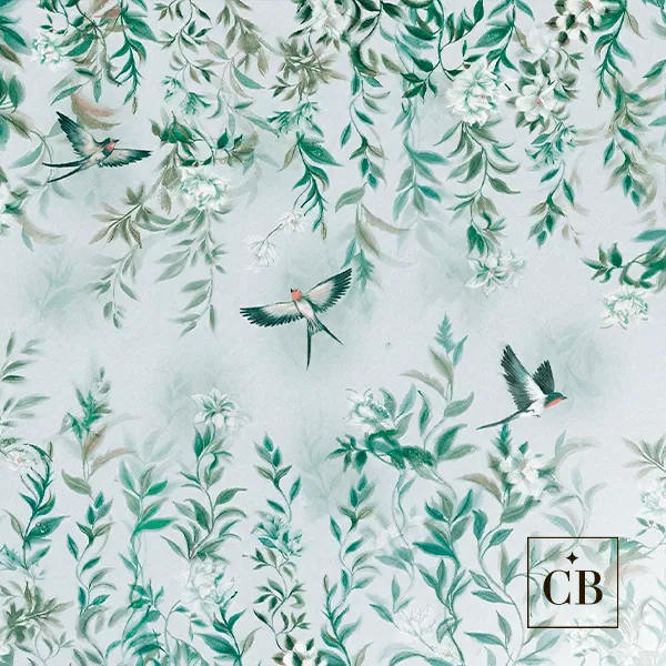 Estampa de papel de parede com folhas, flores e pássaros