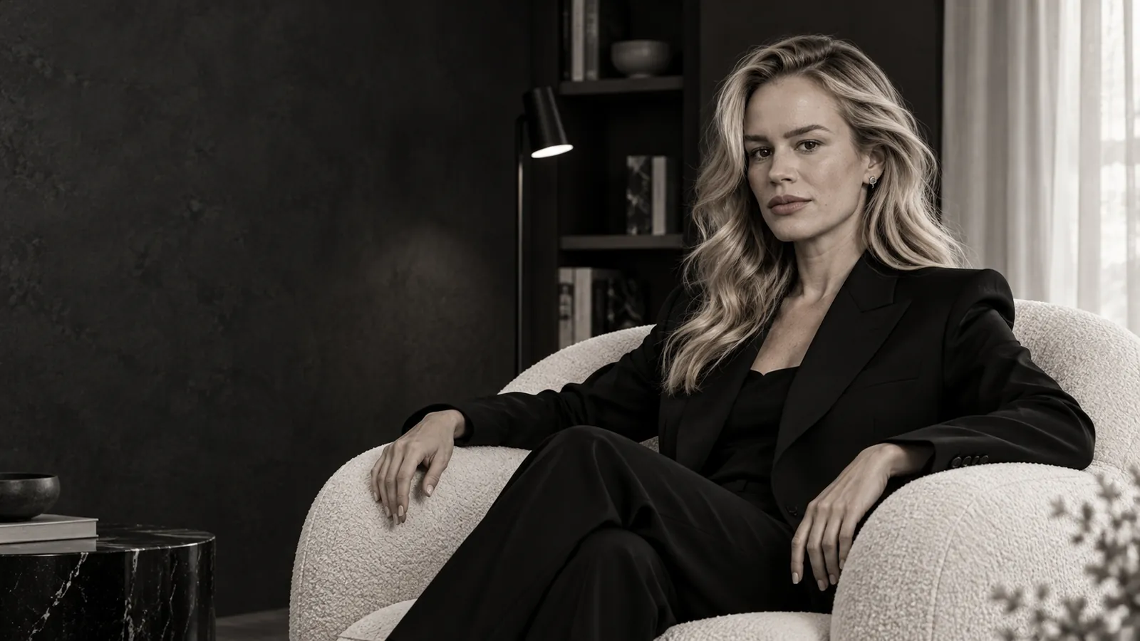 Josi em composição editorial de uma sala com poltrona