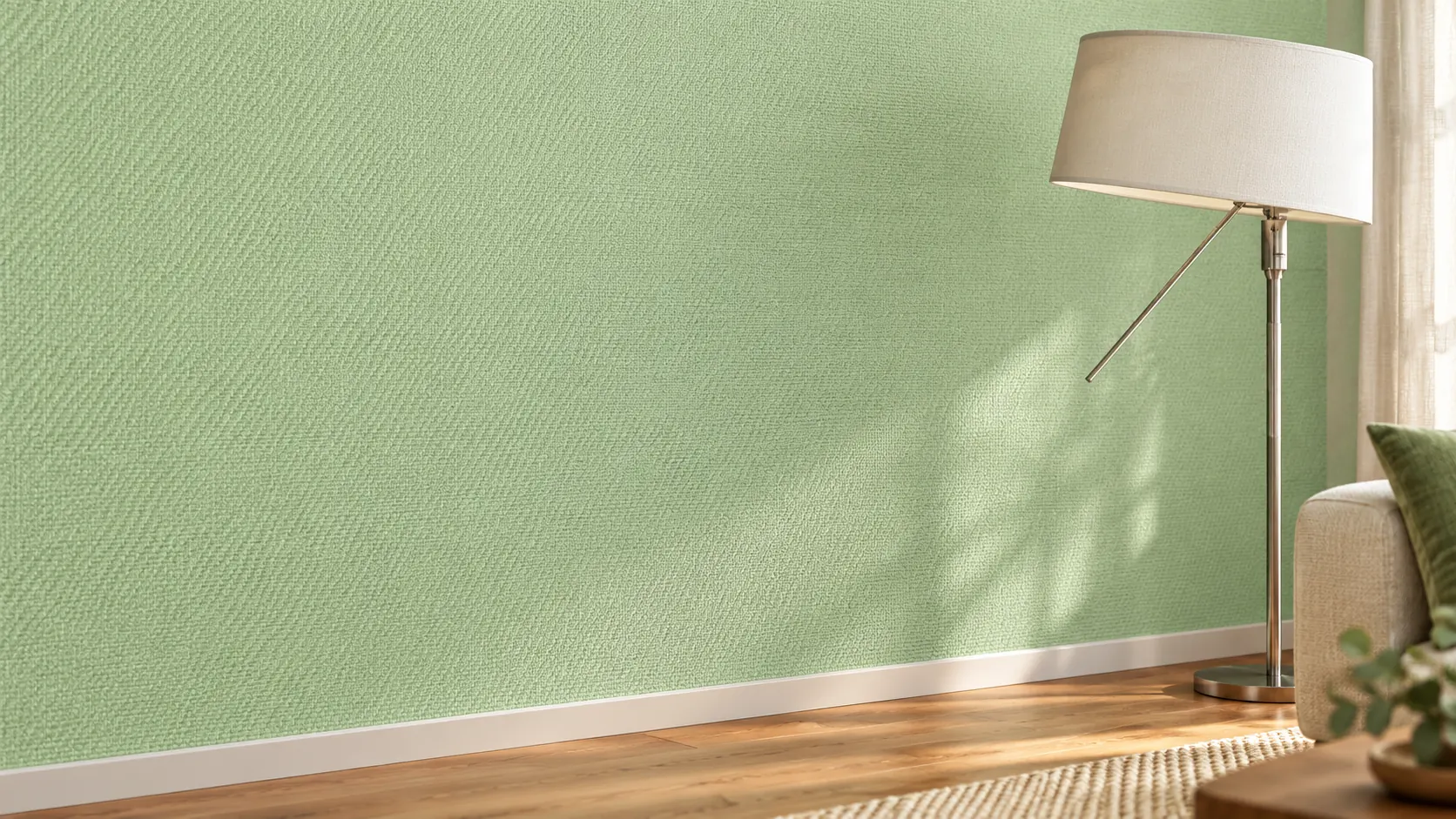 Parede verde suave com textura e luminária — composição ilustrativa
