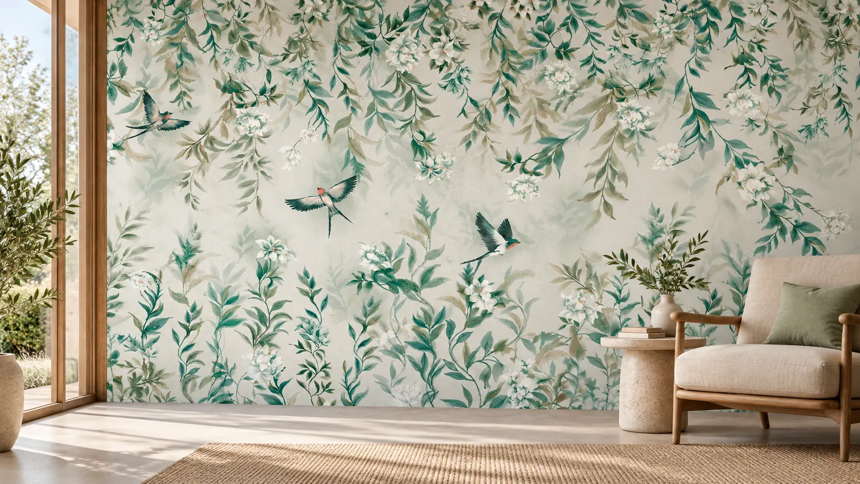 Painel de parede com folhagens e aves em sala clara — composição ilustrativa