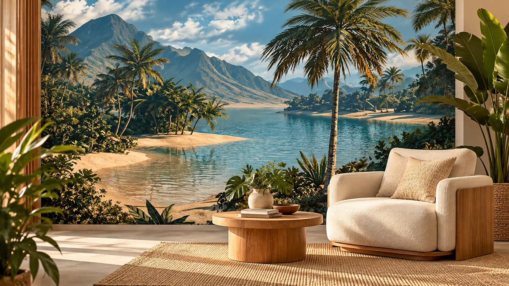 Painel fotográfico de praia tropical em uma sala — composição ilustrativa