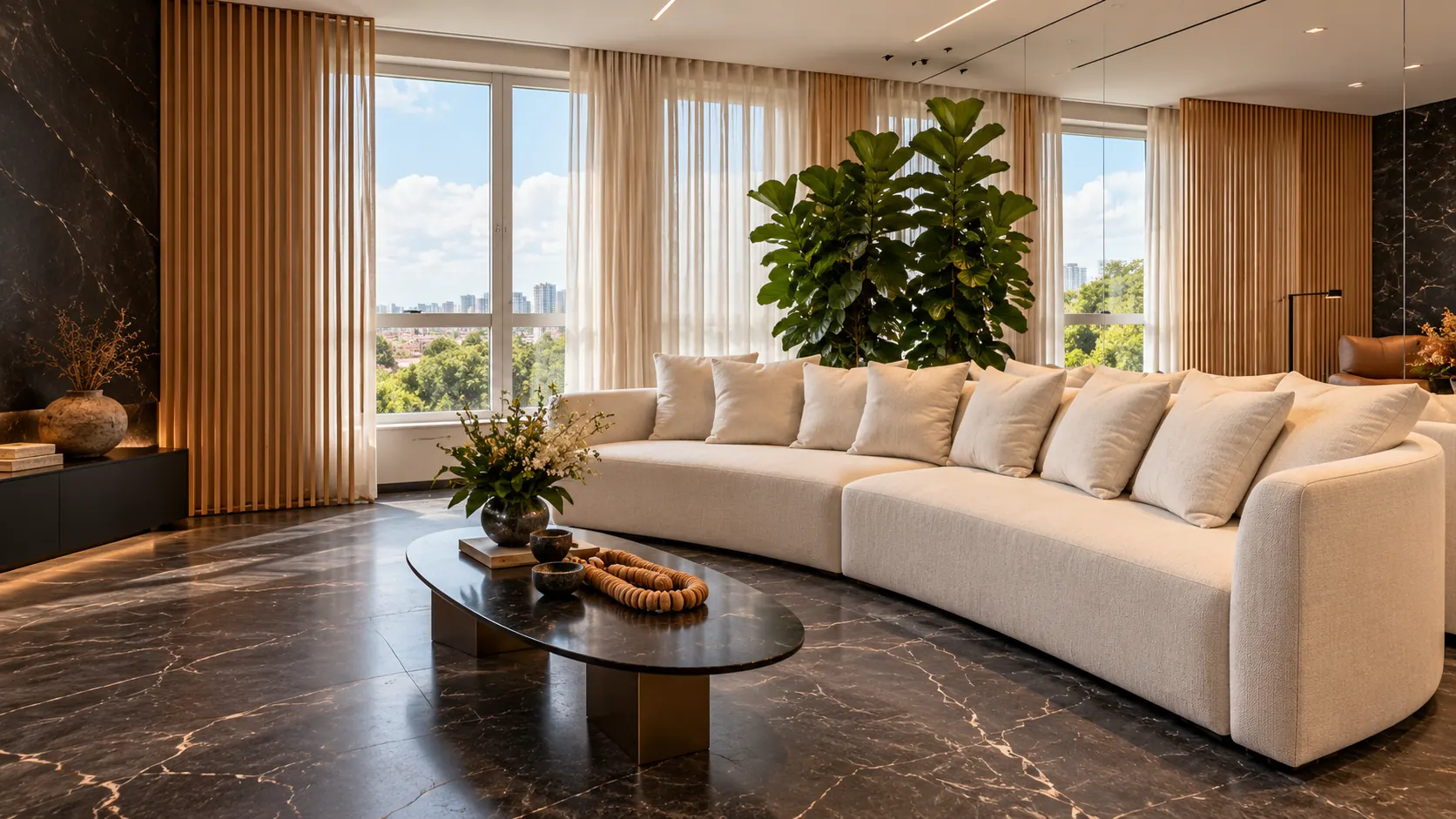 Sofá claro em uma sala com cortinas leves, madeira e mesa escura — composição ilustrativa