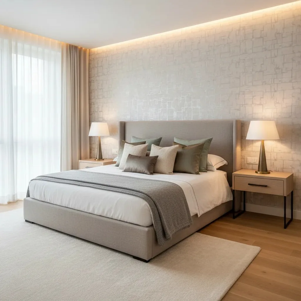 Composição de quarto com parede de desenho geométrico claro atrás da cama
