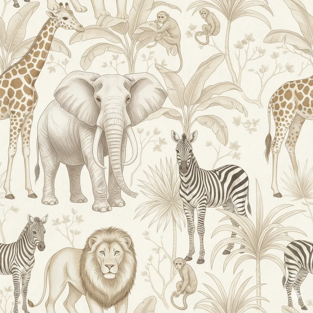 Estampa ilustrativa com elefante, girafas, zebra e folhagens em tons neutros