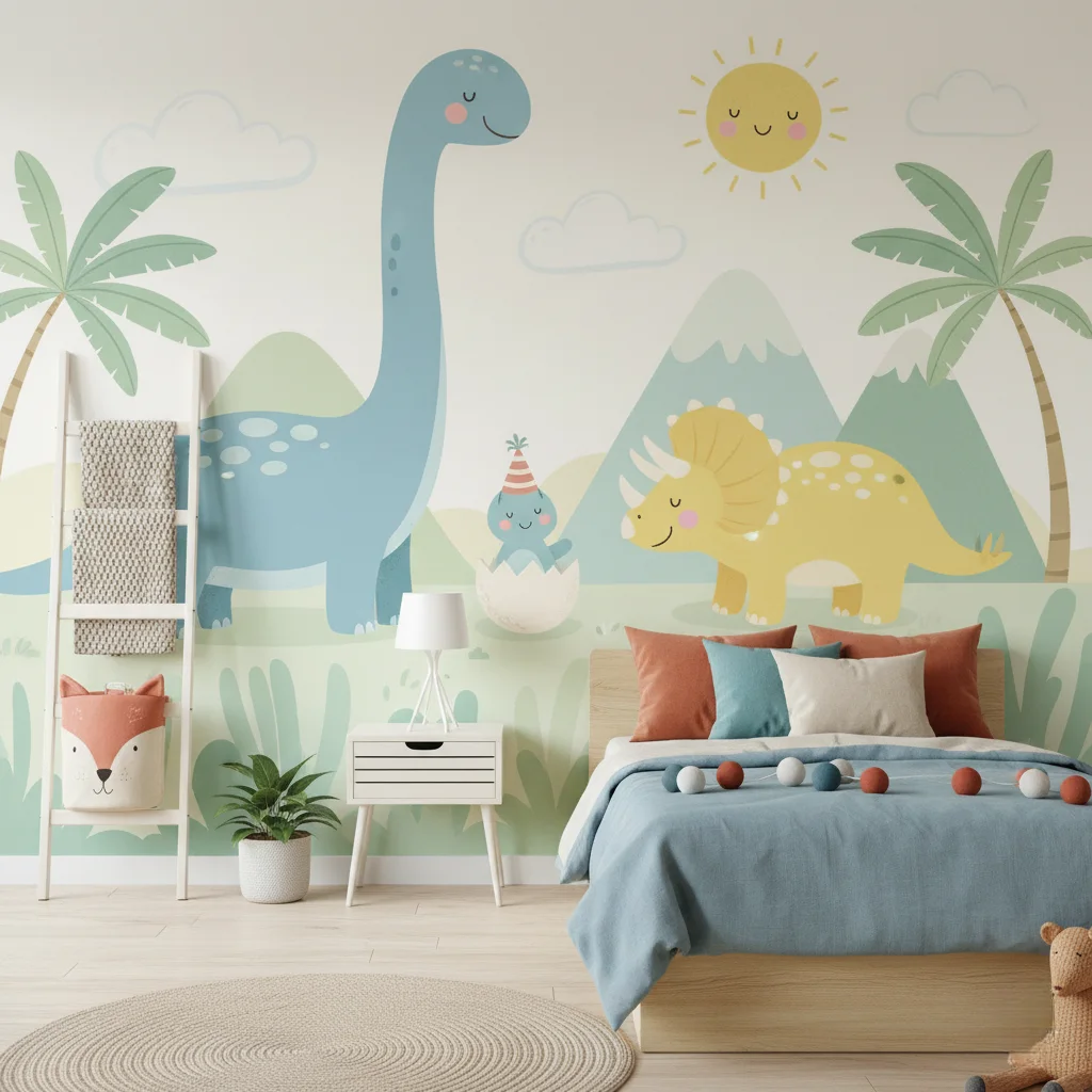 Composição ilustrativa de quarto infantil com painel de dinossauros em tons suaves